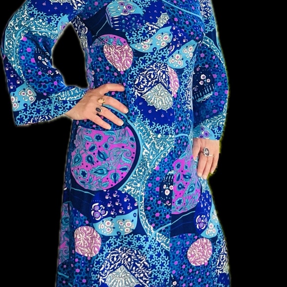 Vintage Sixties Paradise Hawaii Full Length L/S Purple & Blue Multi Print Dress - Picture 2 of 12
